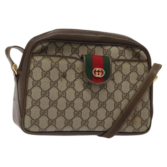GUCCI GG Supreme Web Sherry Line Shoulder Bag PVC Beige Gold Red Auth BA1924 - Picture 1 of 15